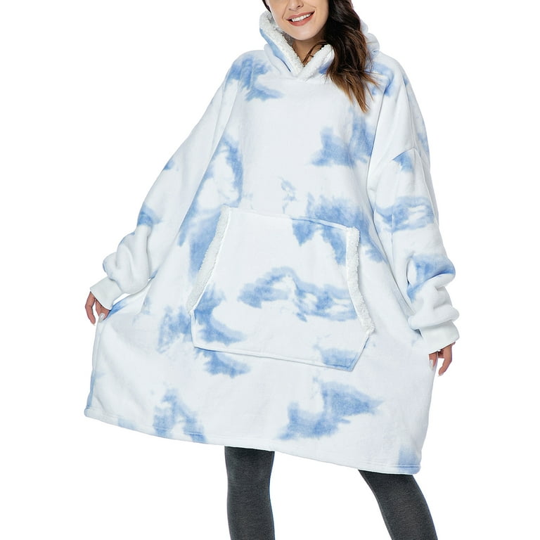 Women Wearable Blanket Hoodie Sweatshirt Tie Dye Print Oversized Plush Hooded Sweatshirts Fleece Blanket