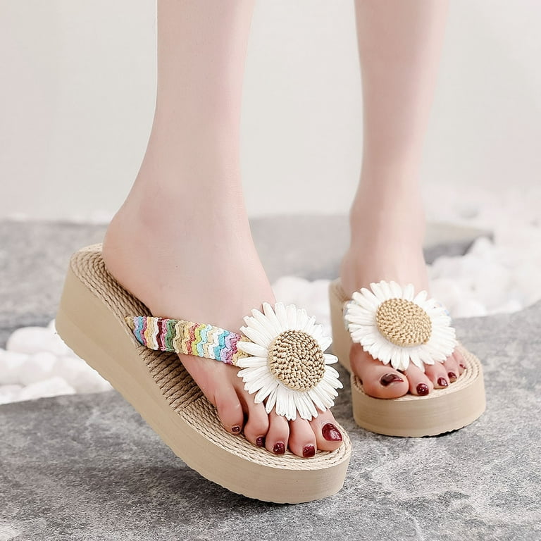 Women Weave Beach Breathable Sandals Home Slipper Flower Flip-Flops Wedges  Shoes