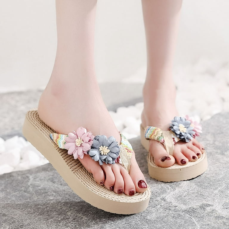 Women Weave Beach Breathable Sandals Home Slipper Flowers Flip-Flops Flat  Shoes 