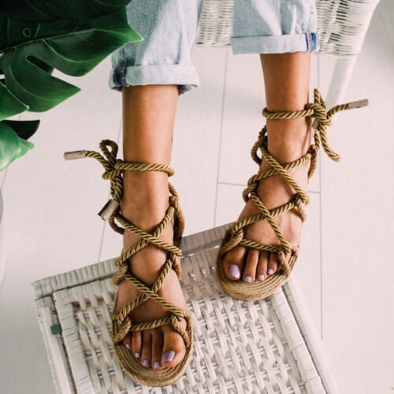 Women Weaving Sandals Casual Hemp Rope Toe Beach Slippers Cross Tied Shoes New