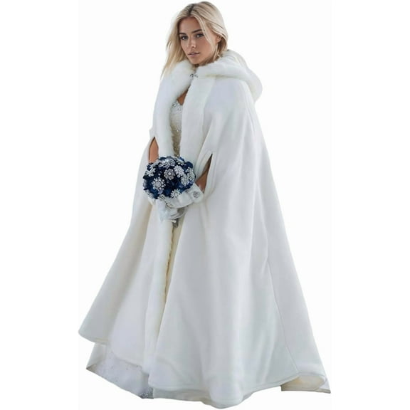 Women Wedding Cloak Shawl:Wedding Cape,Faux Fur Coat Hooded Cloak,White Faux Fur Jacket Bridal Coats Wraps