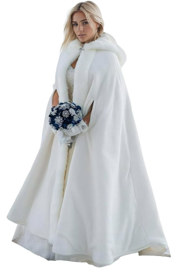 Women Wedding Cloak Shawl:Wedding Cape,Faux Fur Coat Hooded Cloak,White Faux Fur Jacket Bridal Coats Wraps