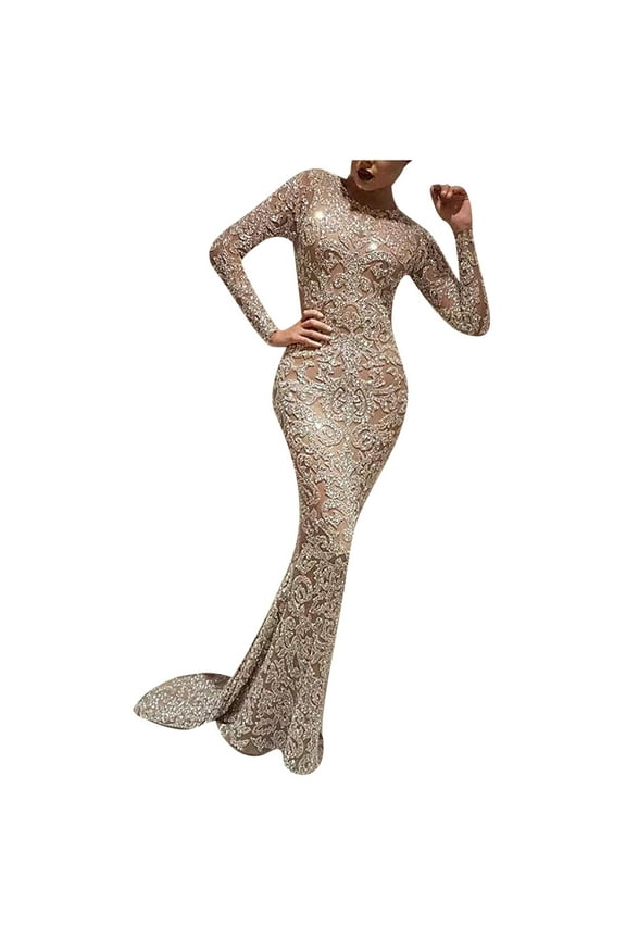 Women Wedding Dress Lace Sequin Embroidered Long Sleeve Bridal Maxi Dress Evening Gown Bodycon Bridesmaid Slim Sexy Dresses