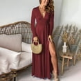 thumbnail image 1 of Women Wedding Dresses Cocktail Party Dresses Womens Fashionable Long Sleeve V-Neck Dress - Ruched Details and Slit for A Trendy Evening Outfit, 1 of 7