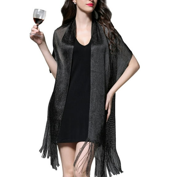 Women Wedding Evening Wrap Shawl Scarf Sun Protection Long Large Shawl Beach Party Prom Scarf with Tassel Fringe (Black)