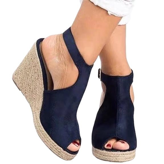 Women Wedge Espadrille Sandals Metal Buckle Slingback Open Toe Summer Platform Heeled Shoes Casual Sandals