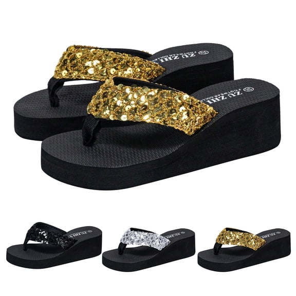 Women Wedge Flip Flops Walking Sandals Comfortable Platform Thong Slippers Non Slip High Heels Comfortable Cushion Summer Beach Shoes Gold Size 7.5