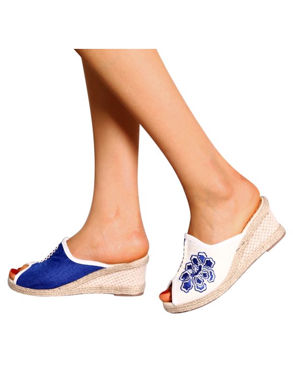 Women Wedge Platform Sandals Peep Toe Fashion Linen Thick Bottom Home Slides Slippers Casual Heeled Embroidered Flower Dress Shoes White Size 8