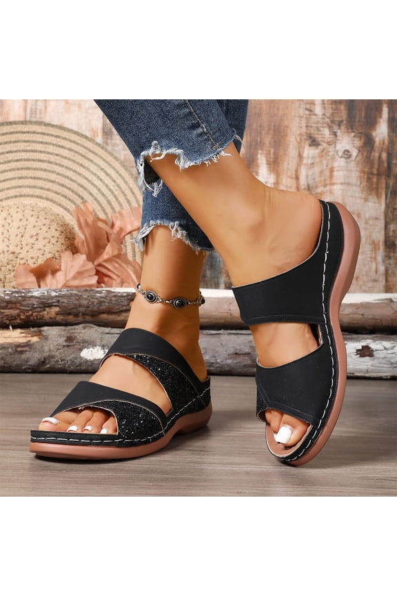 Women Wedge Sandals Dressy,Summer Beach Sandals Low Open Toe Slides Platform Comfortable Casual Slip on Walking Sandals(Black, 8)