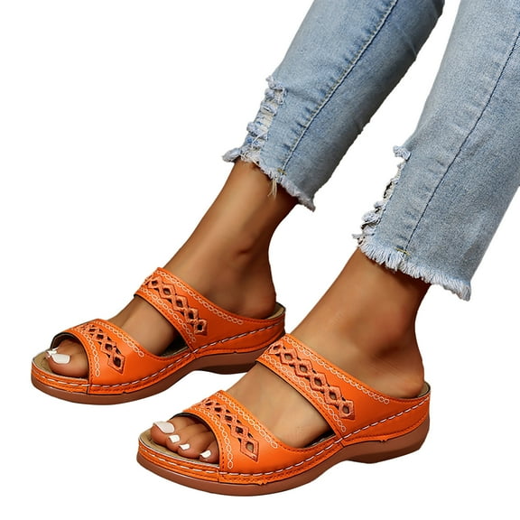 Pandaie Summer Sandals for Women 2026 Arch Support Orthopedic Wedge Slip on Slides Ladies Comfortable Beach Walking Shoes Orange 7.5