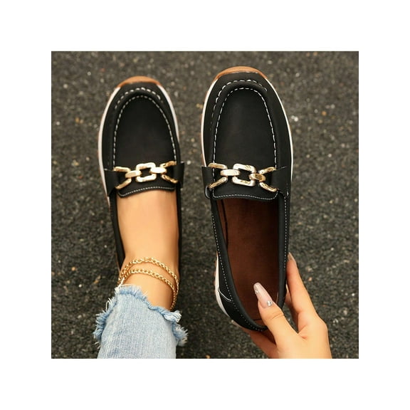 Women Wedge Slip-On Loafers, Round Toe, Low Heel Buckle, Flat Casual Shoes with Soft Sole for Comfort