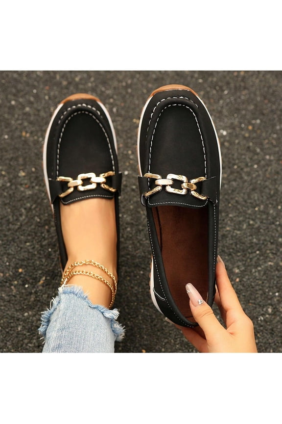 Women Wedge Slip-On Loafers, Round Toe, Low Heel Buckle, Flat Casual Shoes with Soft Sole for Comfort