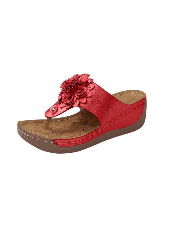 Women Wedges Flower Flip Flops Dressy Sandals Comfortable Summer Shoes Platform Thong Women's Summer Wedge Flip Flops, Dressy Casual Boho Floral Beach Shoes, Orthopedic Sandals for Women