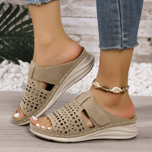 Women Wedges Sandals Sliders Ladies High Heel Slippers Open Toe Cushion Walk Slipper Slides Anti Slip Comfy Sandal Casual Shoes for Summer Beach Party Khaki 5.5