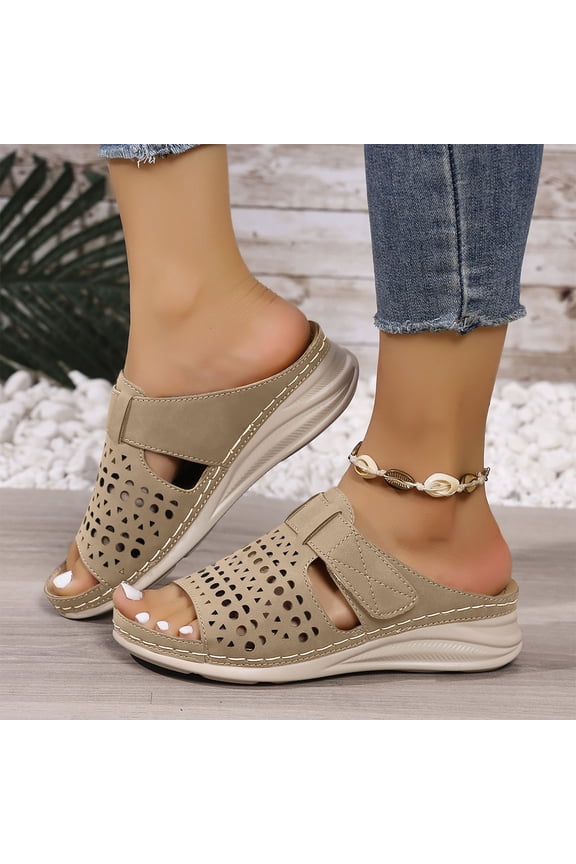 Women Wedges Sandals Sliders Ladies High Heel Slippers Open Toe Cushion Walk Slipper Slides Anti Slip Comfy Sandal Casual Shoes for Summer Beach Party Khaki 9.5