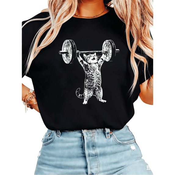 Women Weightlifting Cat Gym Graphic Tees T Shirt Tops Round Neck Cotton T Shirt Black S-5XL