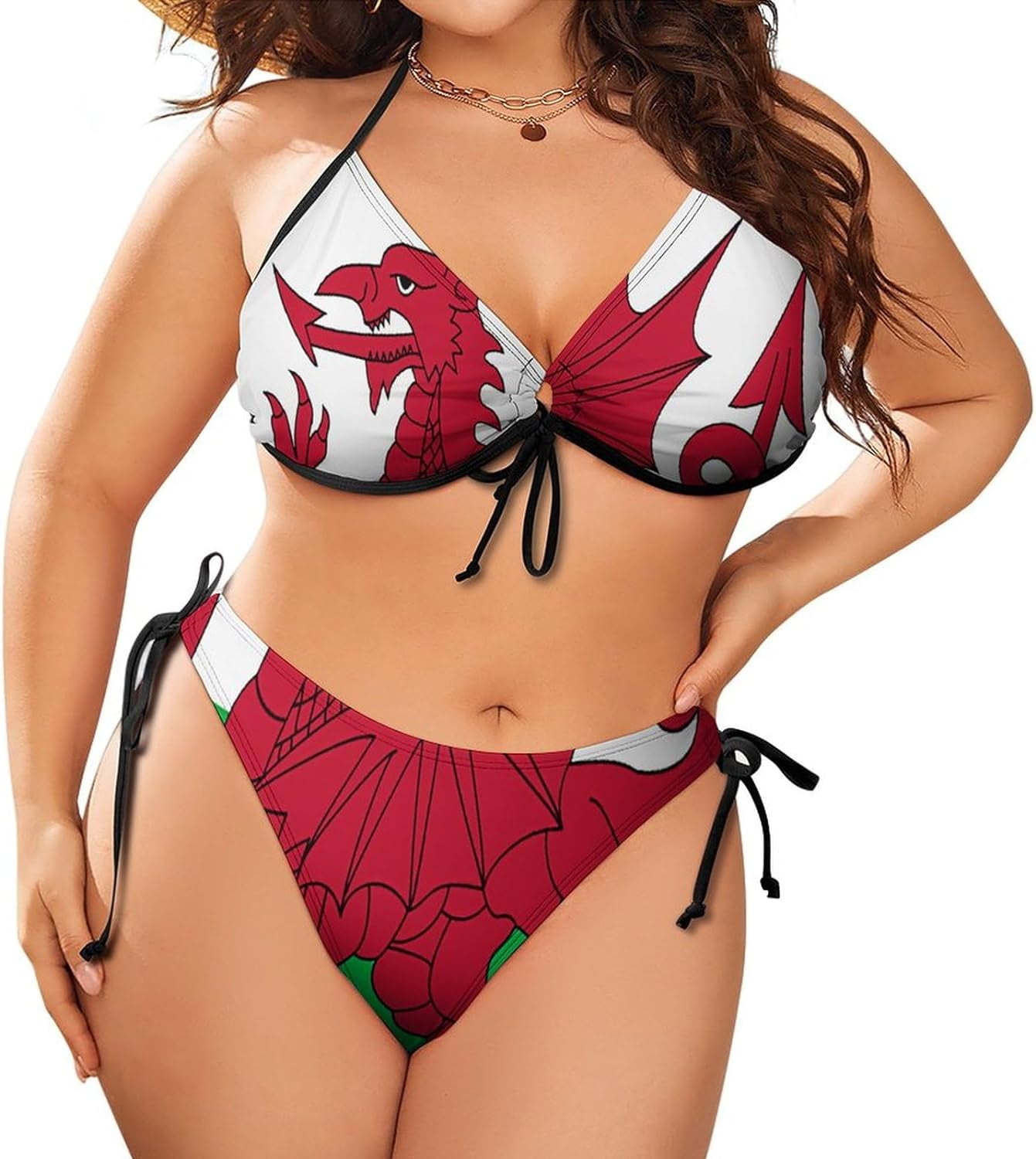 women-welsh-dragon-flag-plus-size-string-triangle-bikini-set-adjustable