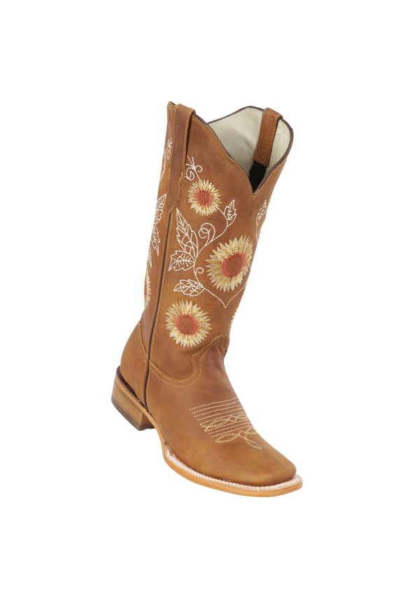 Women Western Boots Rodeo Square Toe Embroidered Sunflower La808KrazyTan Genuine Leather