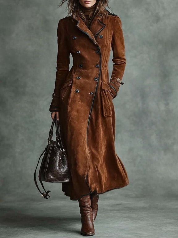 Women Western Brown Suede Long Trench Coat Lapel Double Breasted Slim Fit Fall Windbreaker Jacket