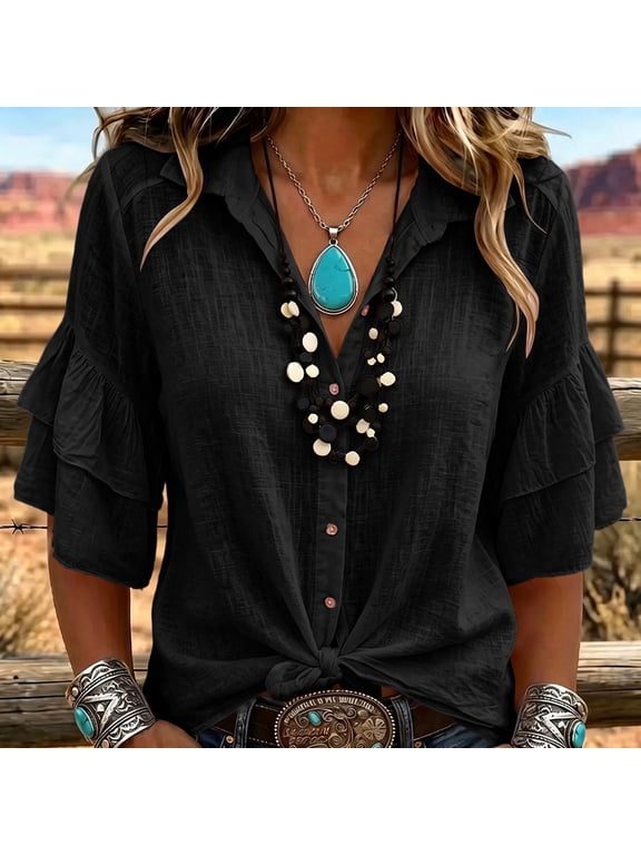 Women Western Collared Linen Cotton Shirt, Tiered Ruffle 3/4 Sleeve Button Down Casual Loose Blouse Top Black XL
