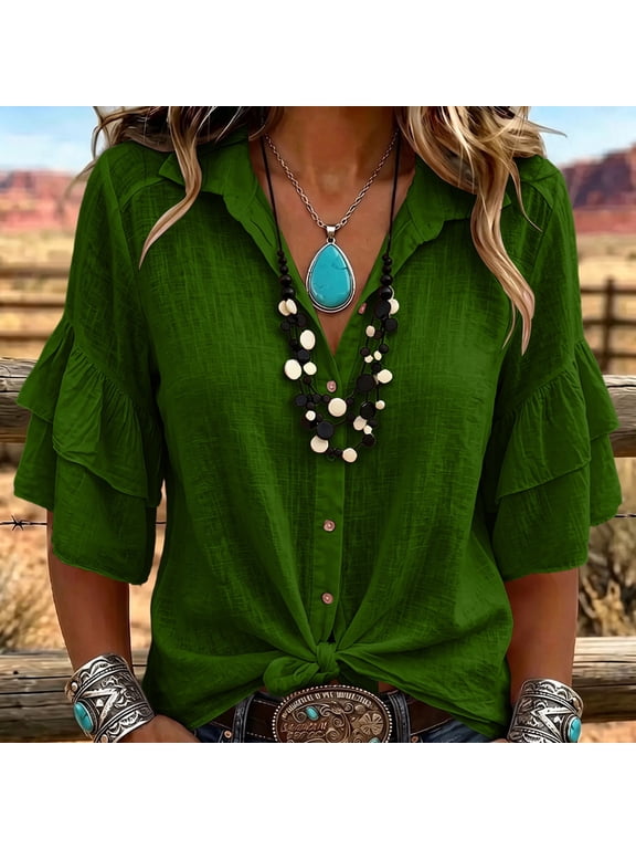 Women Western Collared Linen Cotton Shirt, Tiered Ruffle 3/4 Sleeve Button Down Casual Loose Blouse Top Green M