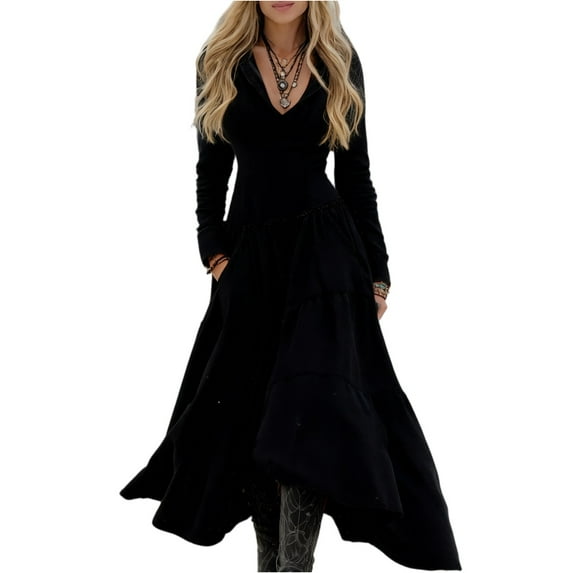 Women Western Cowboy Fitted Long-sleeved Casual Patchwork Dress Perfect Festival Fashion for Concerts, Rodeos, and Boho-Themed Parties. Black 2XL
