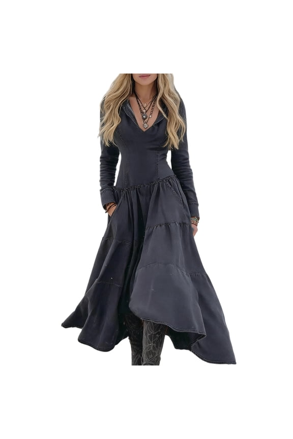 Women Western Cowboy Fitted Long-sleeved Casual Patchwork Dress Perfect Festival Fashion for Concerts, Rodeos, and Boho-Themed Parties. Dark Gray 2XL