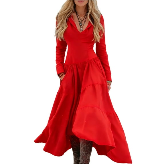 Women Western Cowboy Fitted Long-sleeved Casual Patchwork Dress Perfect Festival Fashion for Concerts, Rodeos, and Boho-Themed Parties. Red S