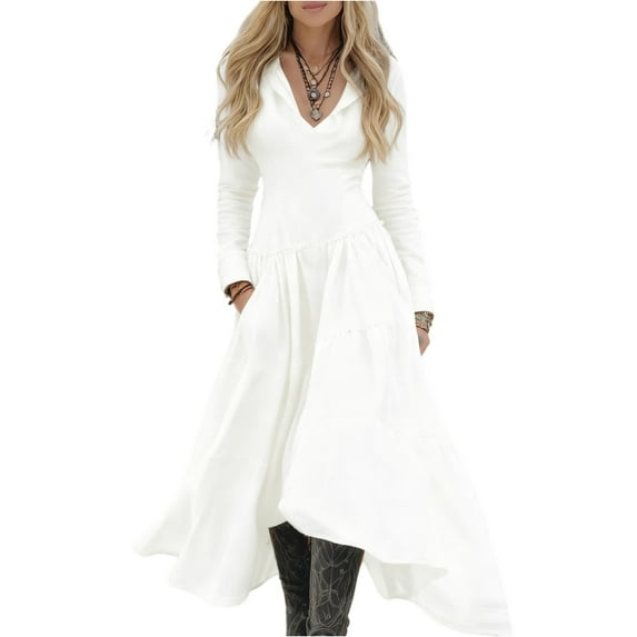 Women Western Cowboy Fitted Long-sleeved Casual Patchwork Dress Perfect Festival Fashion for Concerts, Rodeos, and Boho-Themed Parties. White S