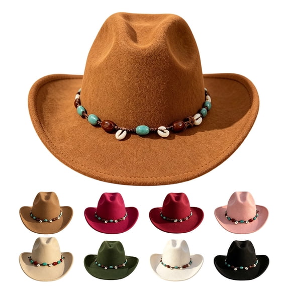 Women Western Cowboy Wide Brim Fedora Hat, Vintage Felt Cowgirl Hat With Turquoise Bead Band Four Season Party Daily Outdoor Fashion Hat(Hot Pink)