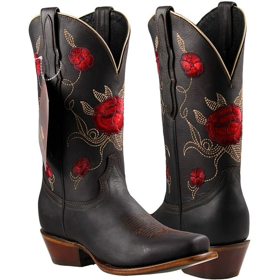 Women Western Cowgirl Boots Square Toe Leather Flower Embroidered