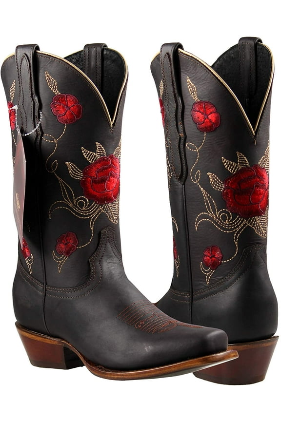 Women Western Cowgirl Boots Square Toe Leather Flower Embroidered