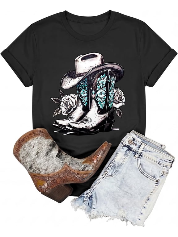 Women Western Cowgirl Country Rodeo Round Neck Women T‑Shirt