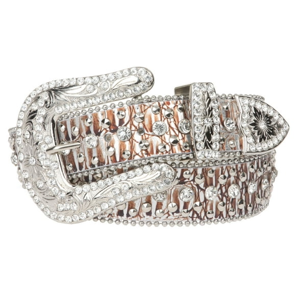 Women Western Cowgirl Faux Alligator Rhinestone Studded Leather Belt