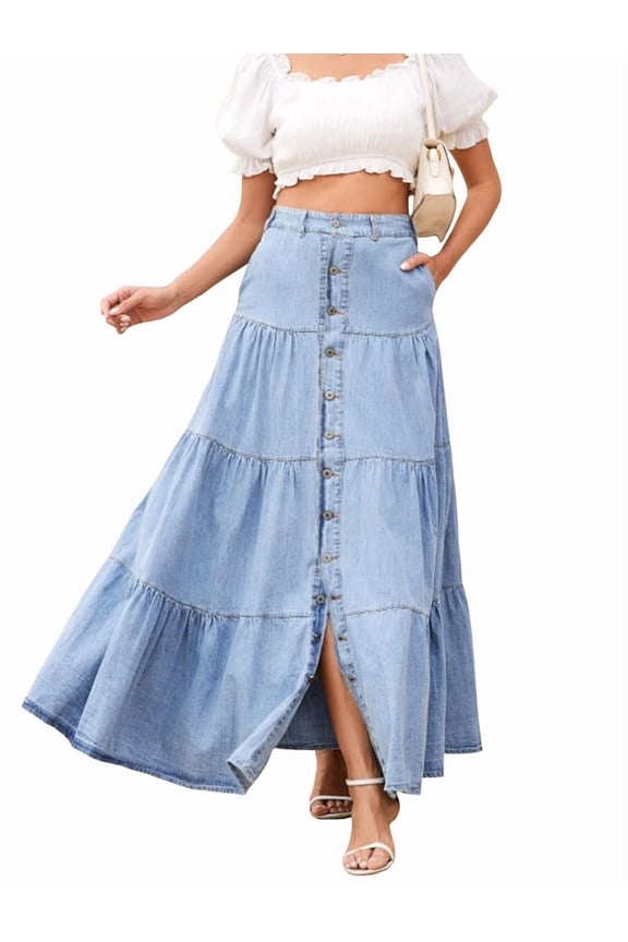Women Western Elastic High Waisted A Line Button Ruffle Tiered Long Jean Skirt Patchwork Pocket Y2k Light Blue L
