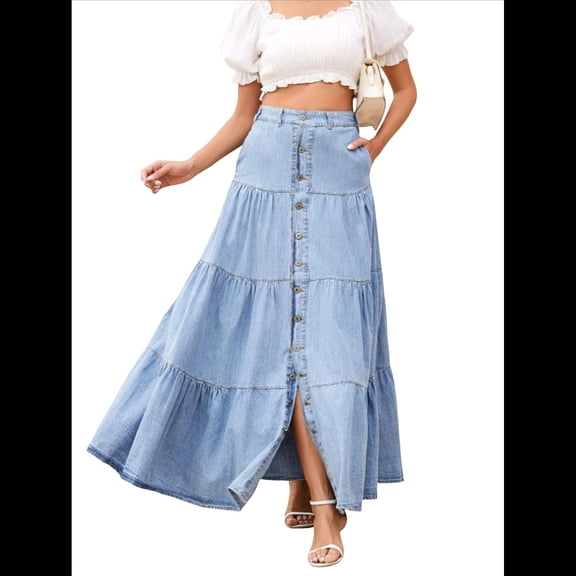 Women Western Elastic High Waisted A Line Button Ruffle Tiered Long Jean Skirt Patchwork Pocket Y2k Light Blue M