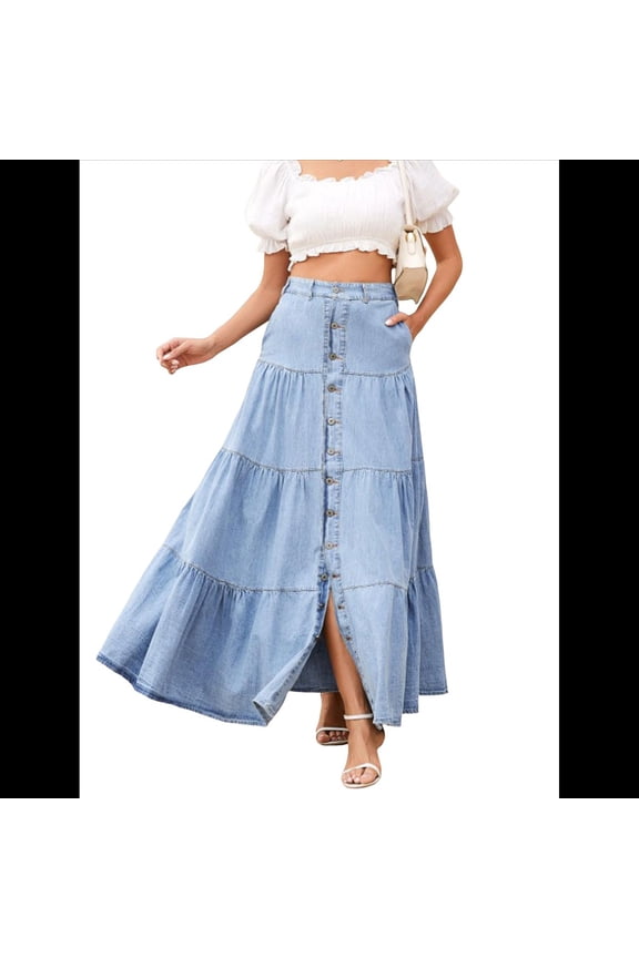 Women Western Elastic High Waisted A Line Button Ruffle Tiered Long Jean Skirt Patchwork Pocket Y2k Light Blue M