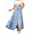 thumbnail image 1 of Women Western Elastic High Waisted A Line Button Ruffle Tiered Long Jean Skirt Patchwork Pocket Y2k Light Blue S, 1 of 9