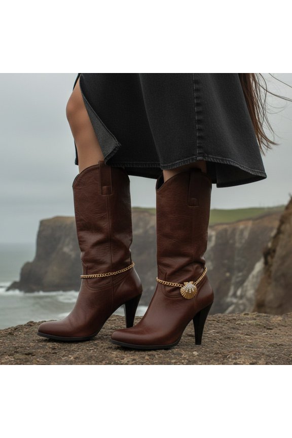 Women Western Fashion Jewelry Gold Metal Boot Bracelet Chain Shoe Anklet Seashell Charm Nautical Style