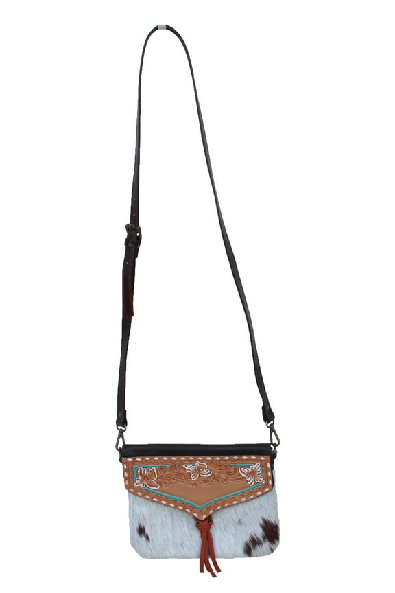 Women Western Floral Tooled Leather Hair-On Hide Shoulder Purse Hand bag 27FK05