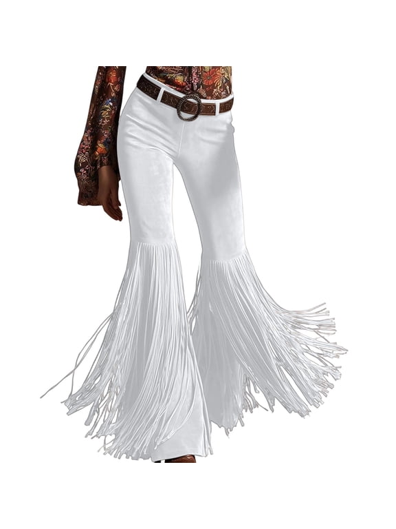 Women Western Fringe Pants Retro High Waisted Flared Trousers Boho Bell Bottom Pants, Concert Trousers, Cowboy Long Tassel Pant, Fringe Hem, Vacation Clothes