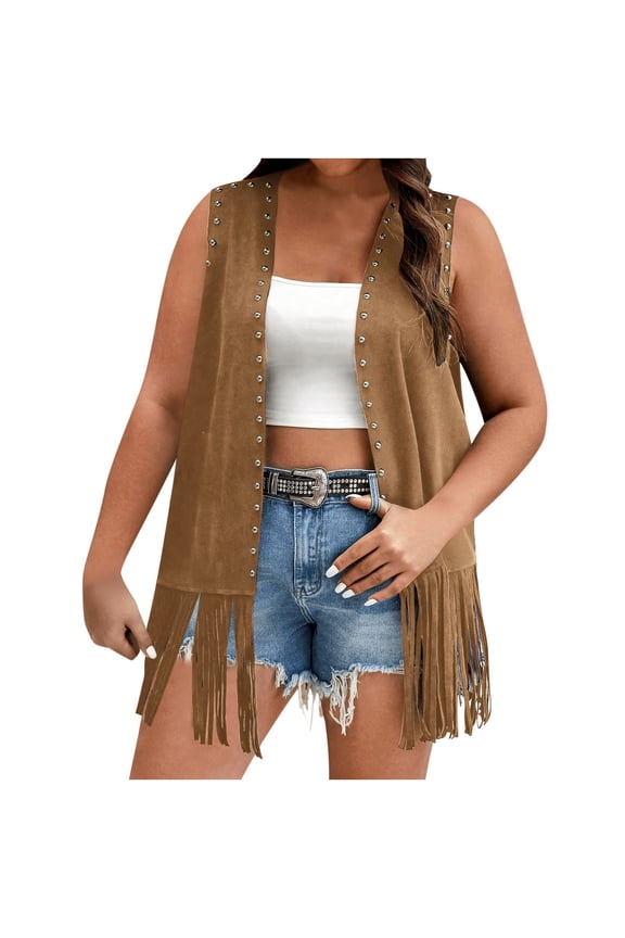 Women Western Fringe Vest Open Front Faux-Suede Rivets Tassel Jacket Boho Sleeveless Vintage Hippie Cardigan Outwear Brown, 2XL