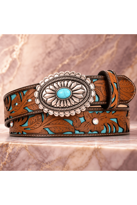 Women Western Leather Belt Vintcountry Belts For Cowgirl Jeans Dresses Ladies Concho With Turquoise Buckle