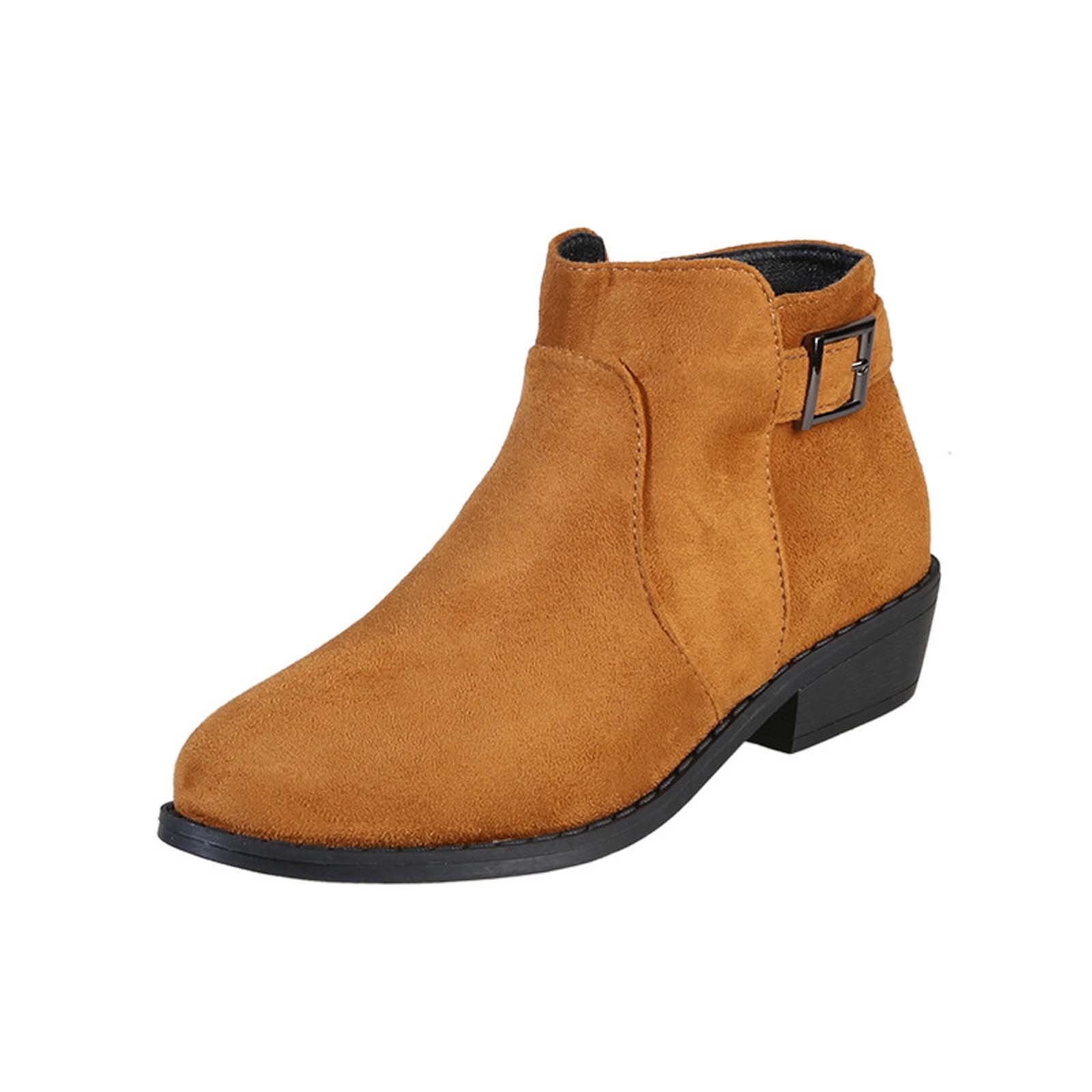 Women Western Short Ankle Boots Suede Chunky Heel Pointed Toe