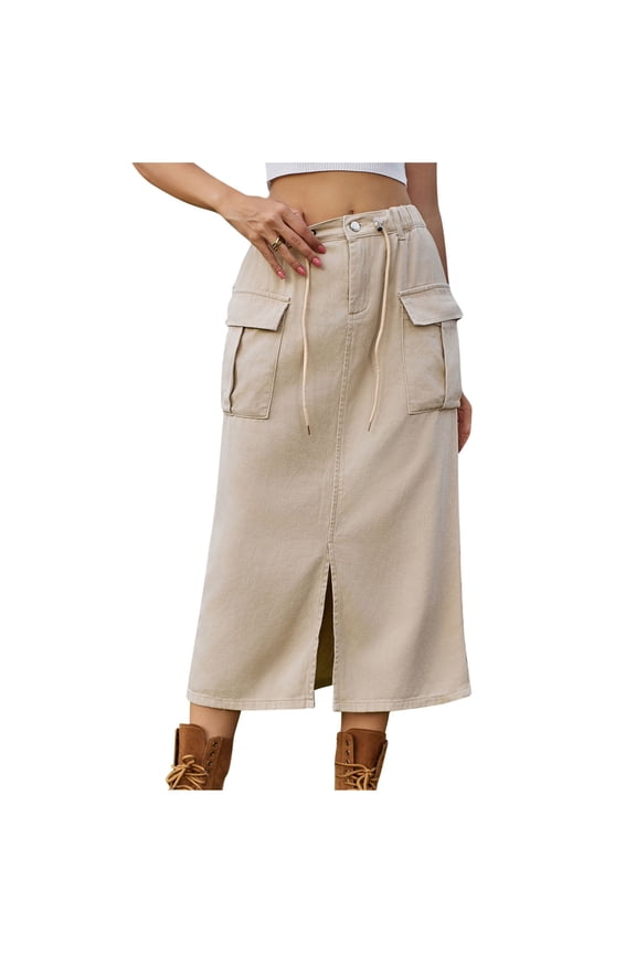 Women Western Slit Tie Knot Elastic Waist Plain Midi Skirts for Women Denim Skort 2026 Clothing Fashion Country Concert Y2K