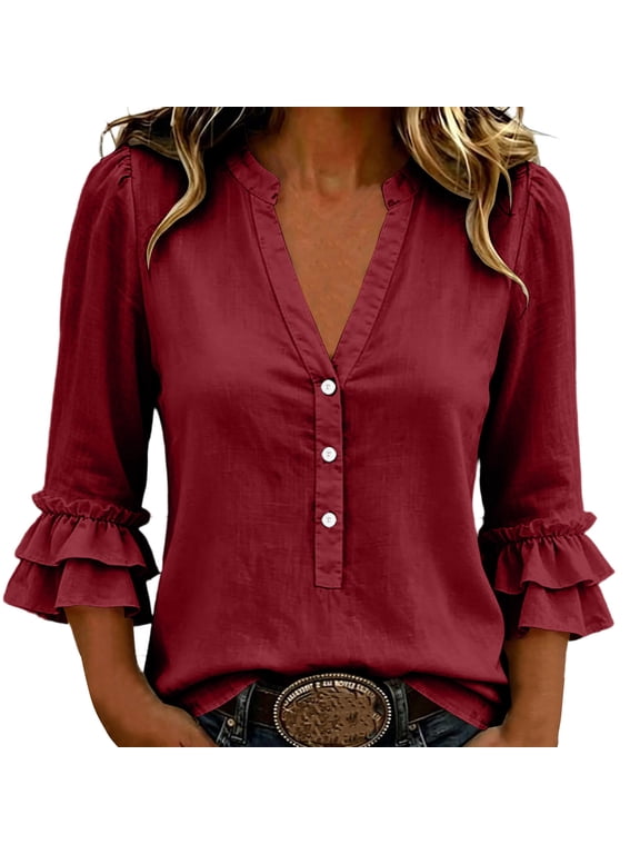 Women Western Solid Cotton Linen Henley Blouse, V Neck 3/4 Tiered Ruffle Sleeve Loose Retro Country Casual Button Front Tunic Top Wine L(L)