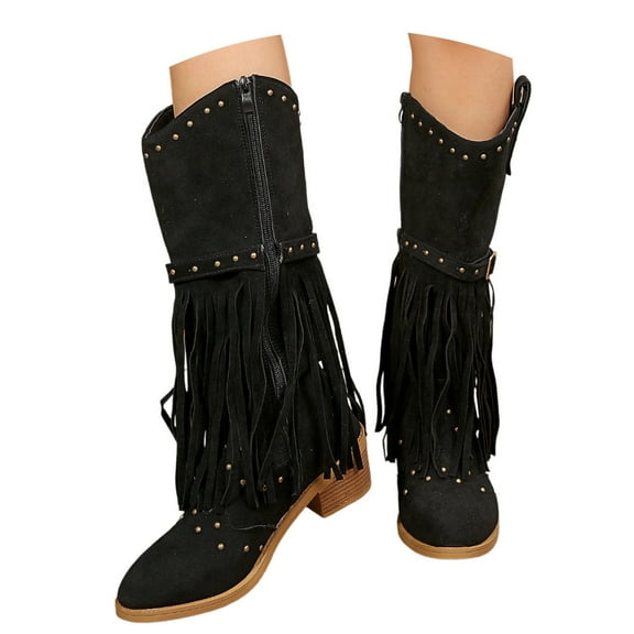 Women Western Tassel Boots Mid Calf Retro Denim Low Heel Zipper Closure Fashion Pointed Toe Fringe Design Comfortable Dress Casual Winter Boots,Color:Black,Size:6