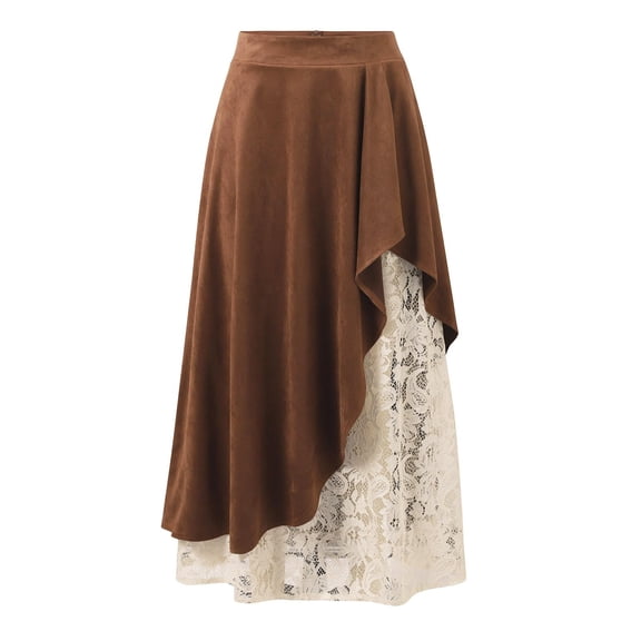 Women Western Vintage Suede Lace Skirt Brown High Waist Slim Sheer Patchwork A-Line Fashion Midi Falda Female Chic Long Skirts