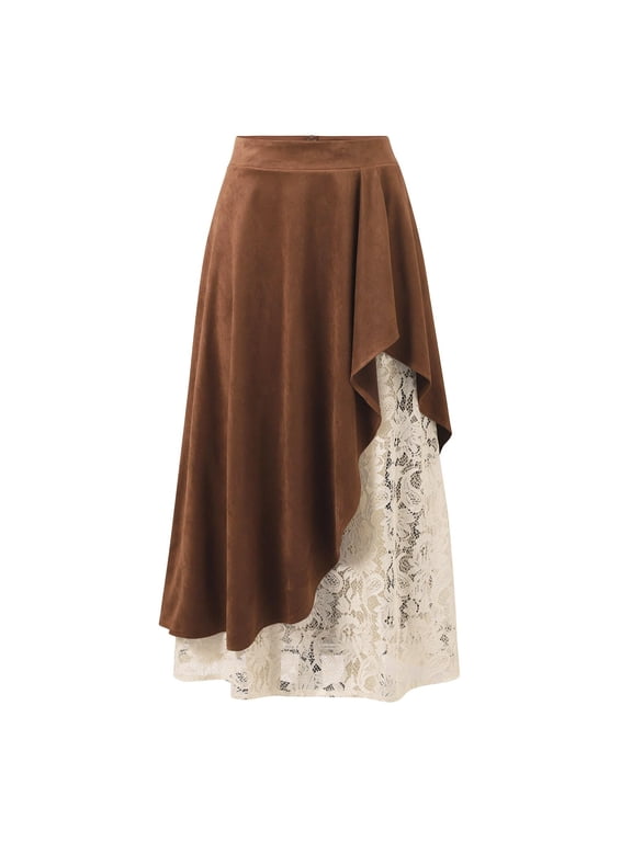 Women Western Vintage Suede Lace Skirt Brown High Waist Slim Sheer Patchwork A-Line Fashion Midi Falda Female Chic Long Skirts