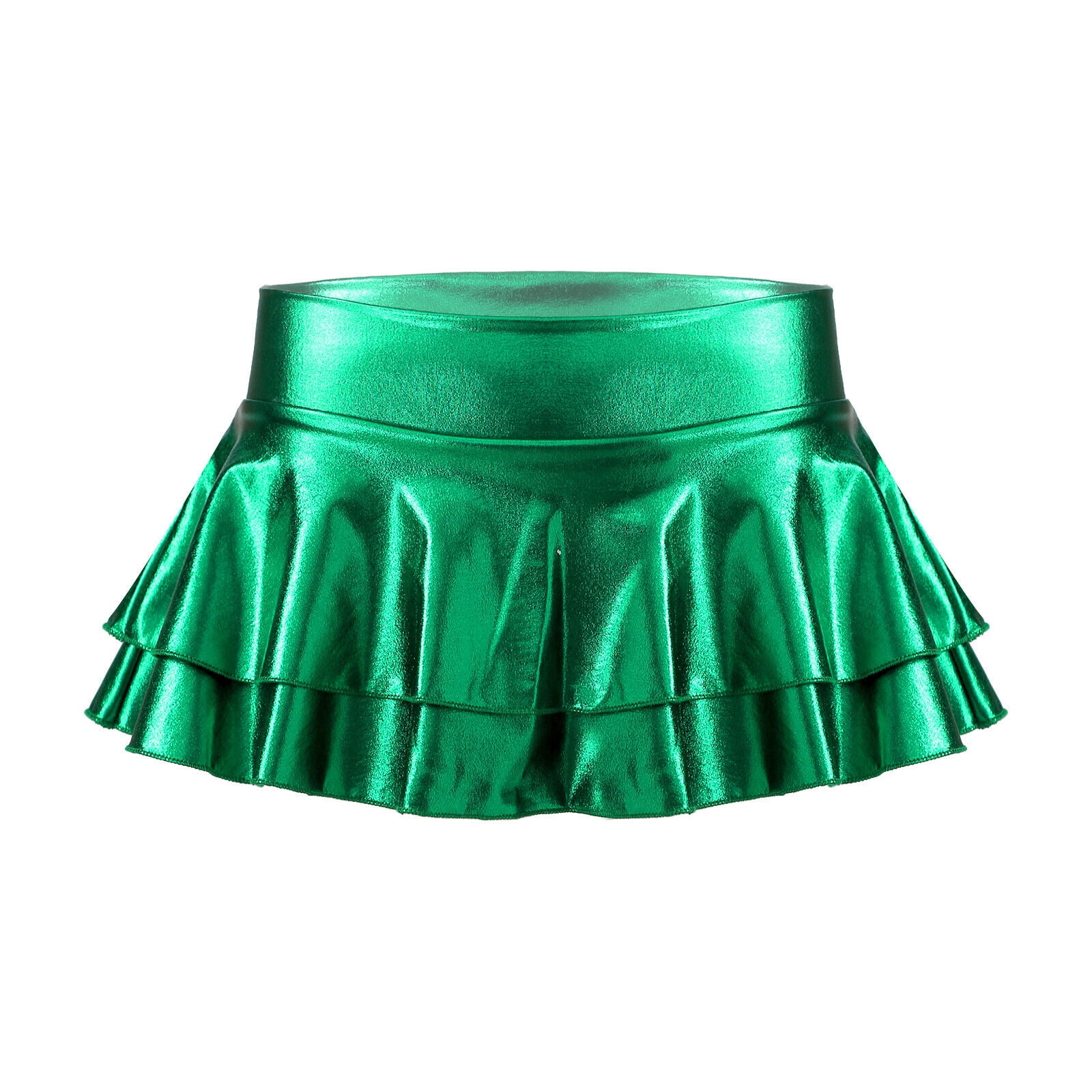 Women Wetlook Skirt Low Rise Double Layered Frilly Mini Skirt Rave